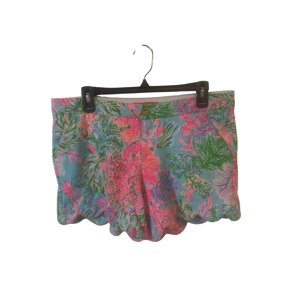 Lilly Pulitzer Buttercup Scallop Hem Shorts Blue Pink Coral Reef Print Size 8